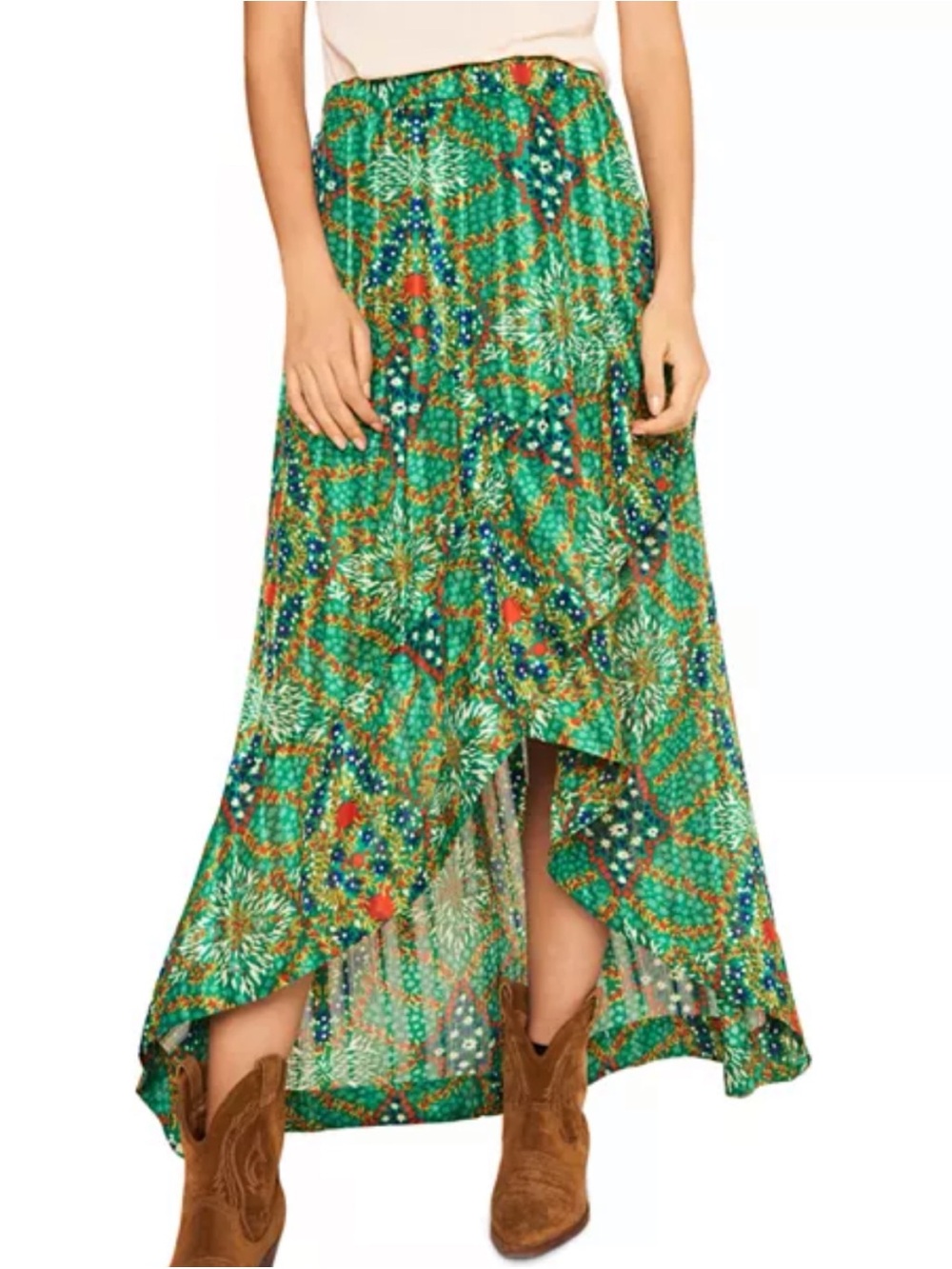 ba&sh Medium Hall Green Floral Ruffled Boho High-Low Metallic Maxi Skirt